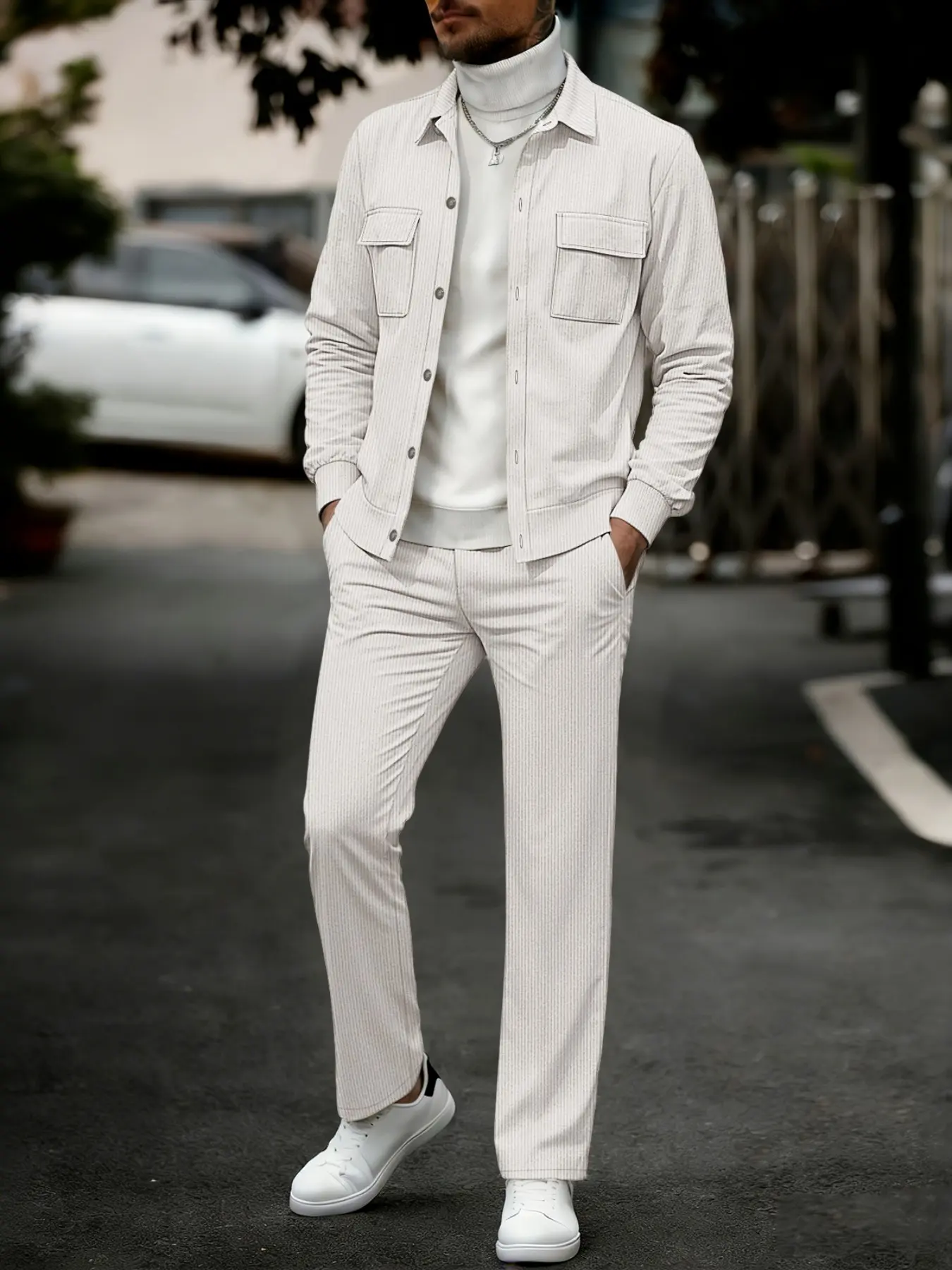 Men's Two-Piece Set Spring Summer Fall Clothing, Casual Long Pants, High Waist Asymmetrical Blazer, Elastic Waist, All Seasons