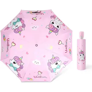 Automatic Kids Umbrella, Folding Telescopic Toddler Umbrella for girls & boys, UV/Sun Protection - Strong and Portable - Compact, Durable, Lightweight Cute Kitty Brolly