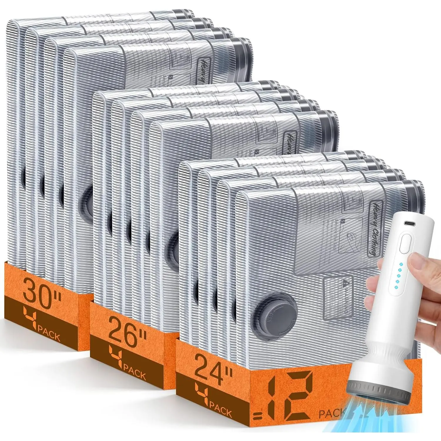 12 Pack Vacuum Storage Bags with Pump, Space Saver Travel Bags with Rechargeable  Pump,  -Proof Compression Packing Cubes for Heavy Clothes/Bedding/Luggage/Moving 12 Combo Size
