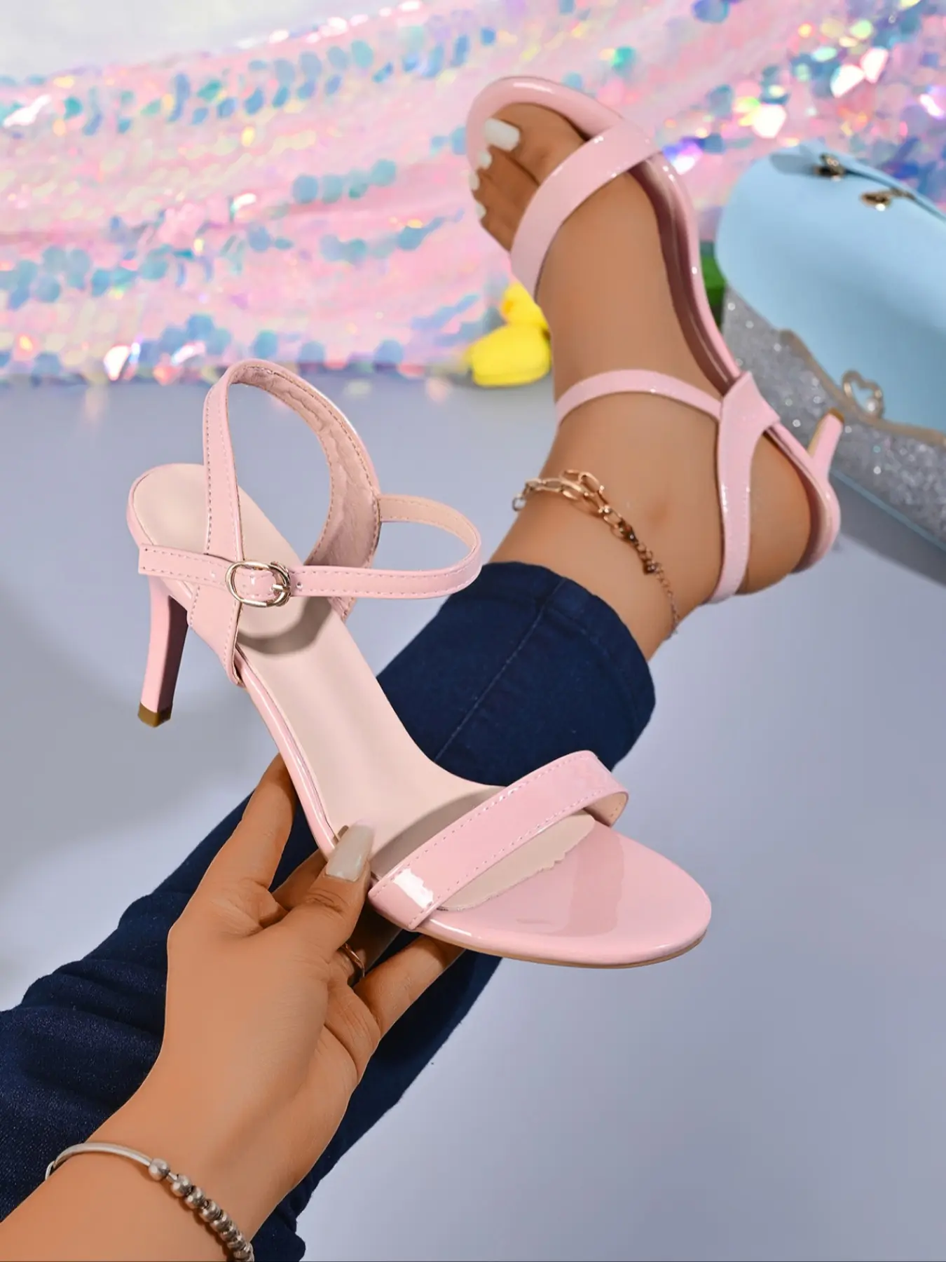 Women's Patent Leather Single Strap Ankle Strap Stiletto Heel Sandals, Match Jeans And Dresses, Sexy Open Toe Adjustable Buckle High Heels For Party Daily