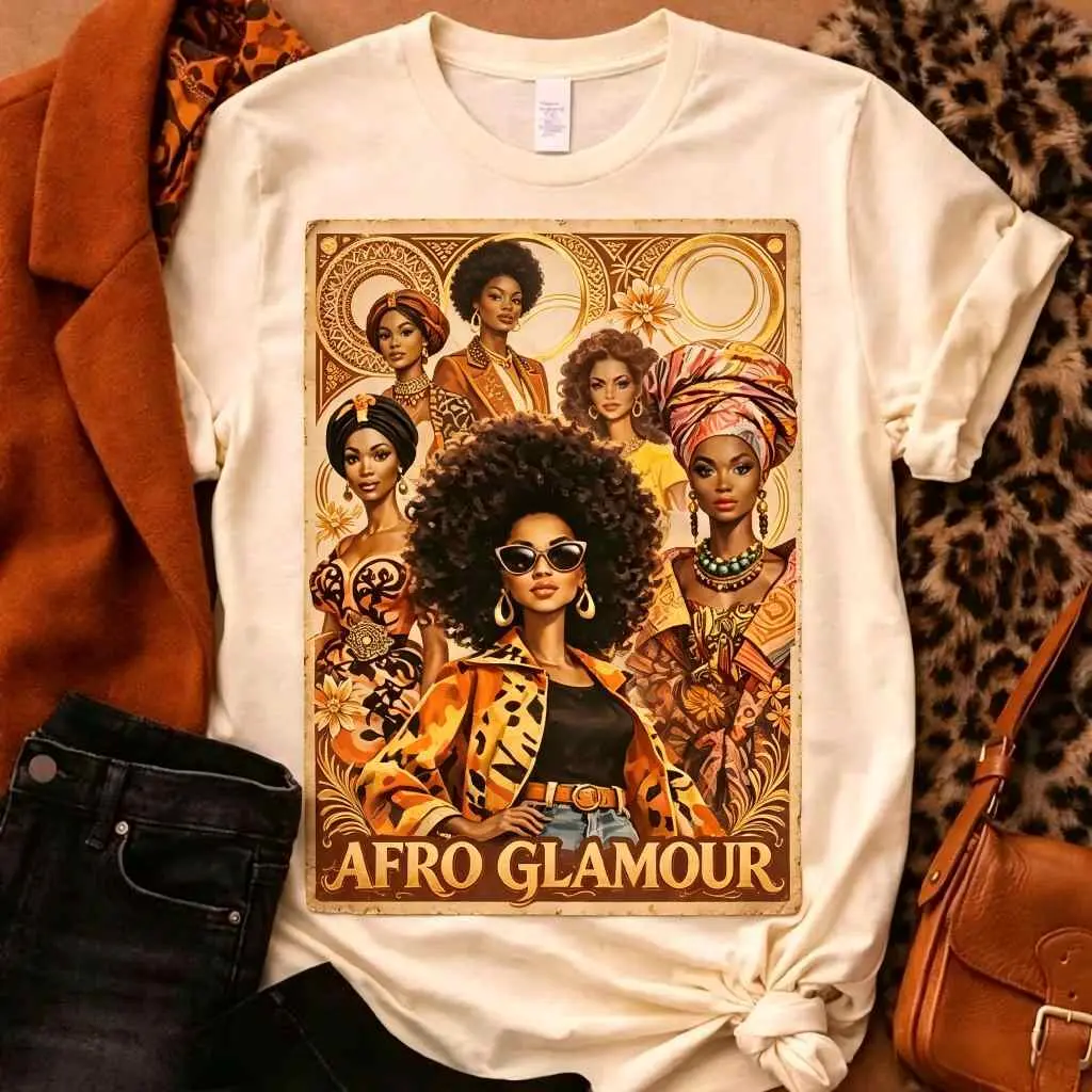 Women's Casual Short-Sleeve Cotton Fabric Fit Afrocentric Vintage Magazine Graphic T-Shirt - Glamour Fall Art Tee Gift C516