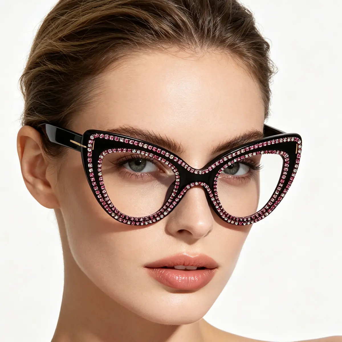 Women's Colorful Rhinestone Cat-Eye Blue Light Blocking Glasses, Full Rim Oval, Plastic Frame, Single Pair Eyewear Frames, Female
