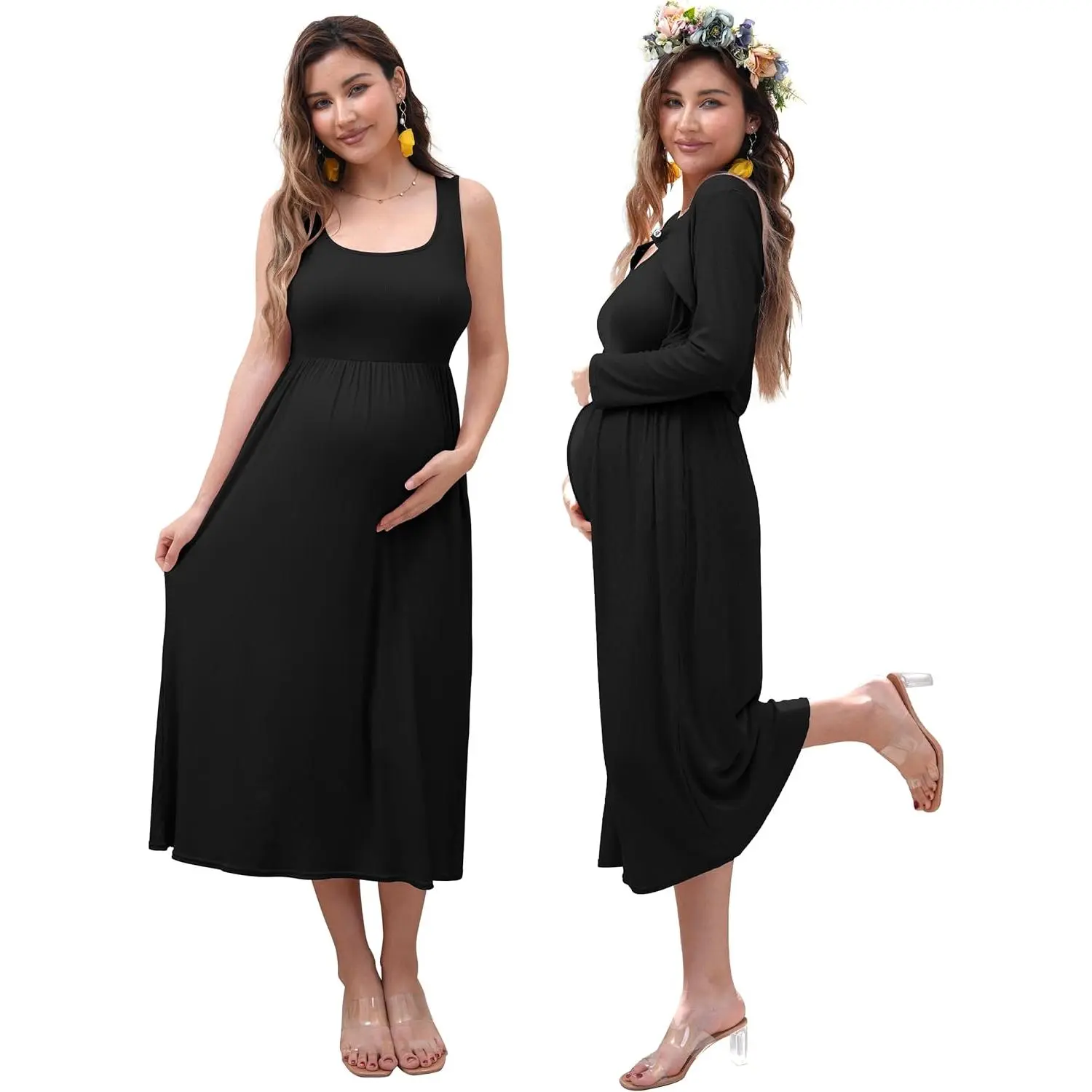 Women's 2-Piece Maternity Set - Soft Fabric A-Line Sleeveless Tank Maxi Dress with Matching Casual Cardigan for Photoshoots, Baby Shower, Everyday Wear, A-Line Cut, All Seasons