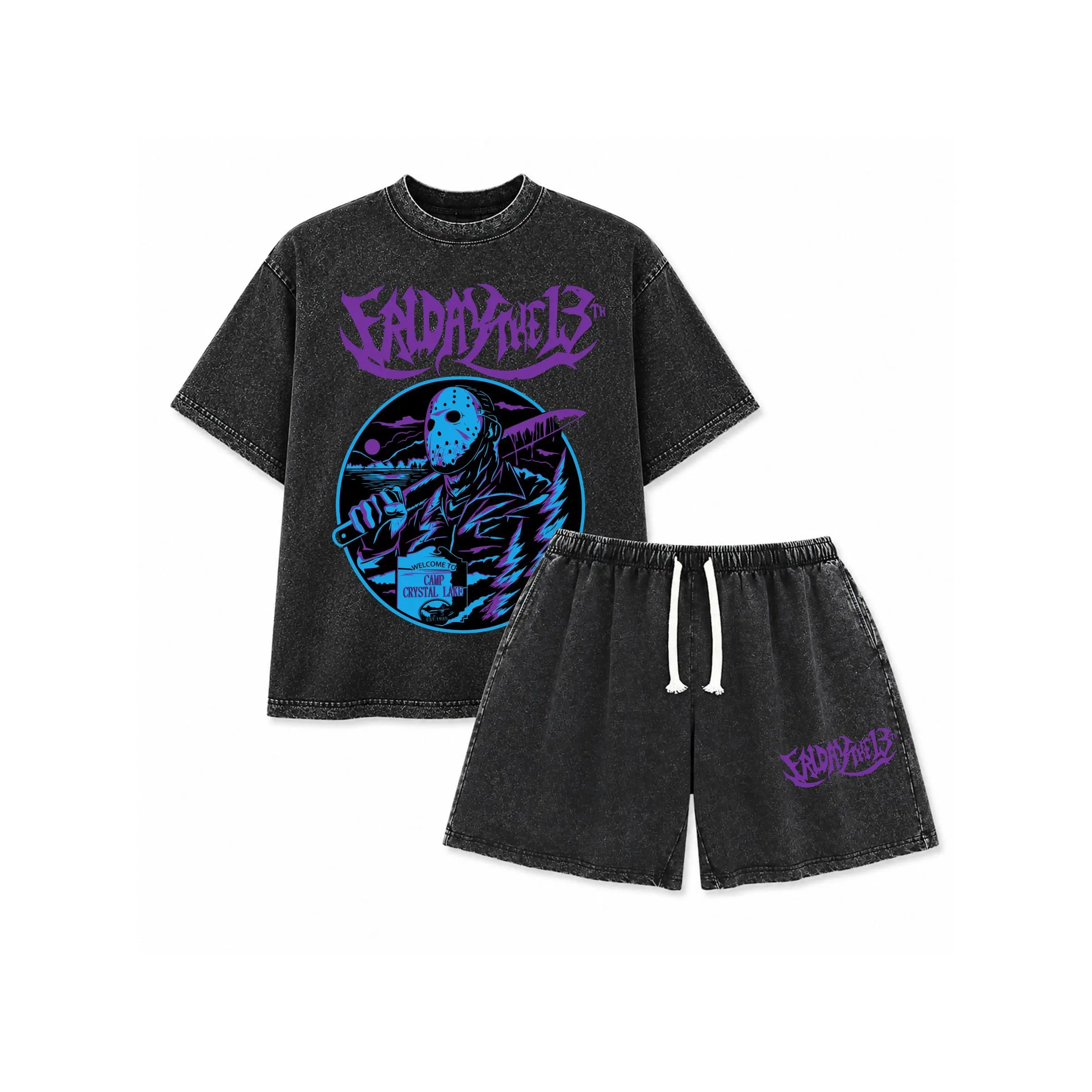 Women's Casual Fitted 2-Piece Mask Print Round Neck Top & Shorts Set, Vintage Street Fashion, Ideal for Summer Holidays, Menswear Shorts & Top Sets