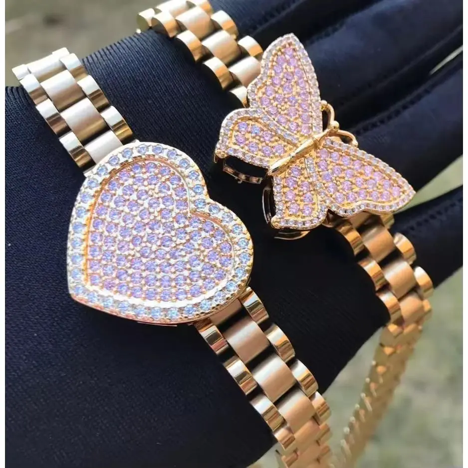 Women's Trending Custom Name Stainless Steel Nugget Rollie Chain Necklace, Female Fashion Costume Jewelry with Cubic Zirconia Diamond Heart Frame Pendant, Secure Hip-Hop Link Cuban Gift