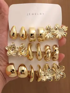 Ligui 9 Pairs Chunky Gold Flower Hoop Earrings Set | Vintage Metallic Floral Studs & Waterdrop Huggies Pack | Statement Glossy Jewelry Gift for Women