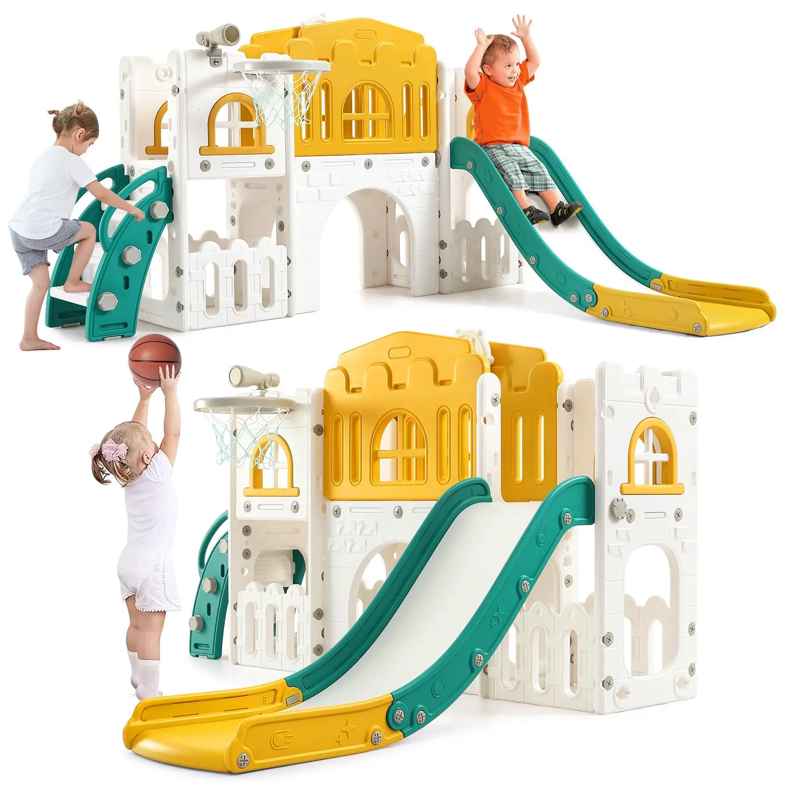 8-in-1 Indoor Playground Set for Toddlers,Includes Slides, Climbing Ladders, Basketball Hoops, Tunnels, Binoculars, and Steering Wheels,Suitable for Aged 1-3 Years