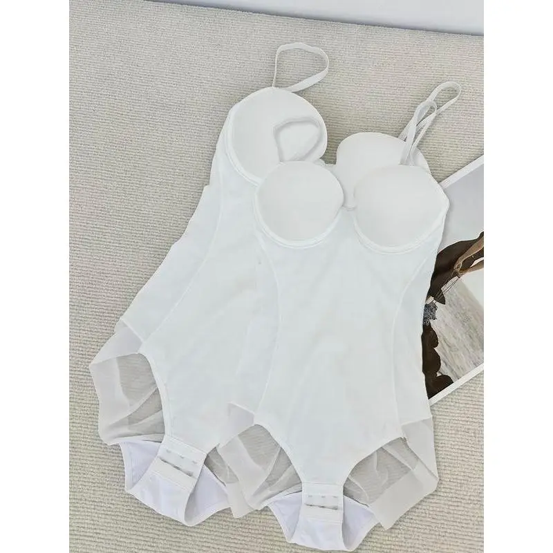 Women's Solid Color Contrast Mesh Sheer Cami Shapewear Bodysuit Adjustable Strap Tummy Control Shaper for All Seasons