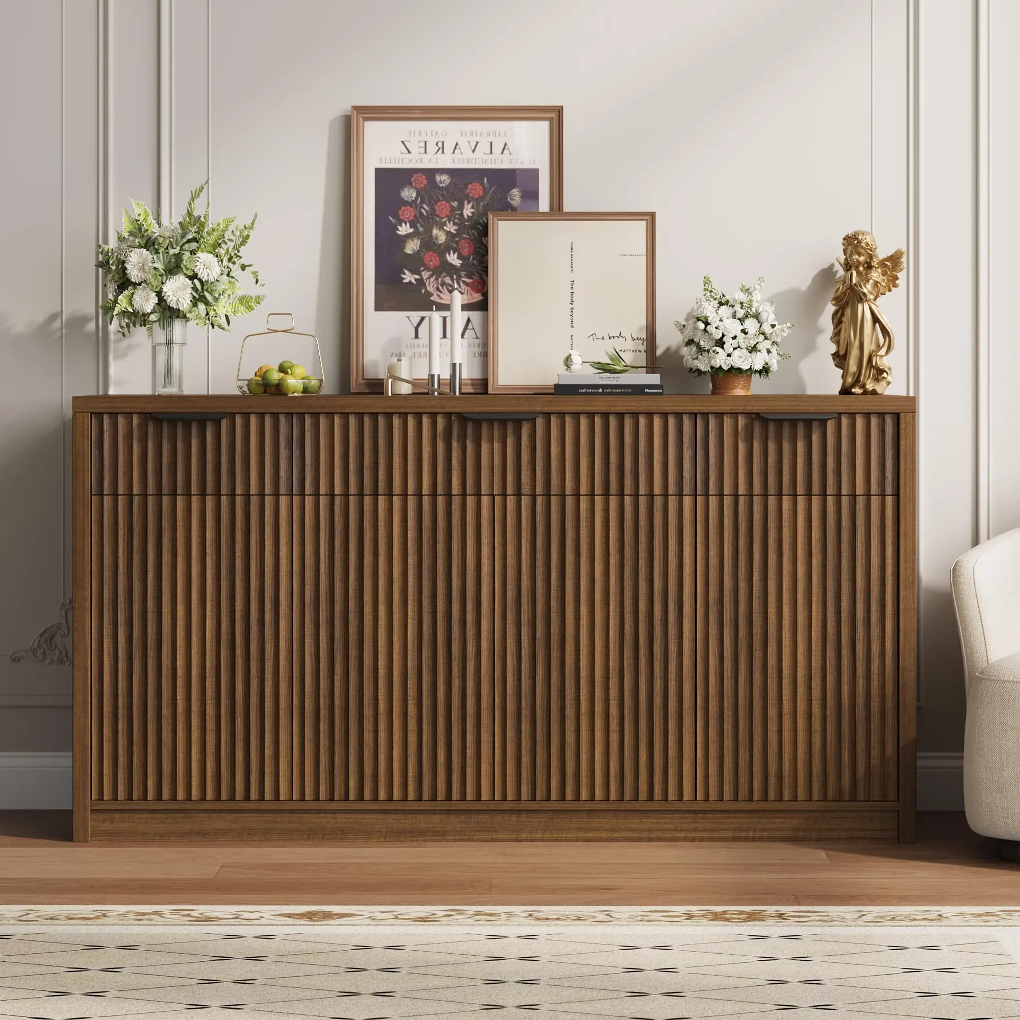 Modern Fluted Buffet Sideboard Cabinet, 55 in Credenza with Storage - Doors & Adjustable Shelves - Kitchen/Dining Room Coffee Bar Console, Walnut Finish
