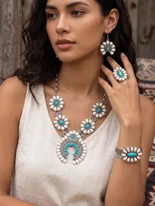 Western Turquoise Squash Blossom Necklace Set - 5Pcs Vintage Silver Naja Pendant, Earrings, Cuff Bracelet & Ring - Southwestern Native American Inspired Jewelry for Cowgirl Gifts