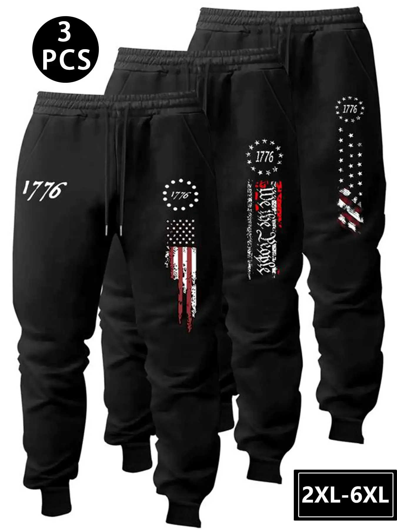 3-Pack Men's Plus Size Usa Flag Retro Joggers 2xl-6xl, Loose Fit Comfortable Athletic Pants, Drawstring Waist, Versatile Streetwear