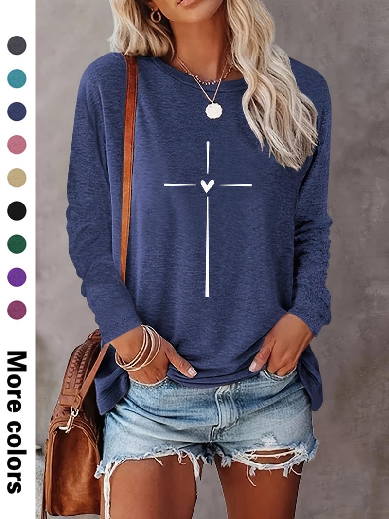 Women's Heart & Cross Print Round Neck Tee, Casual Long Sleeve Crew Neck T-shirt for Spring & Fall, Fashion Women's Top for Daily Wear