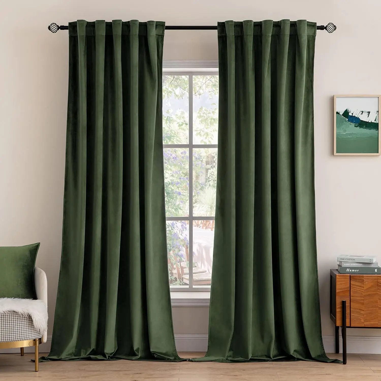 Velvet Curtains 90 inches 2 Panels - Luxury Room Darkening Curtains for Bedroom Living Room Thermal Soft Window Drapes Rod & Back Tab, Olive Green, W 52 x L 90 inch