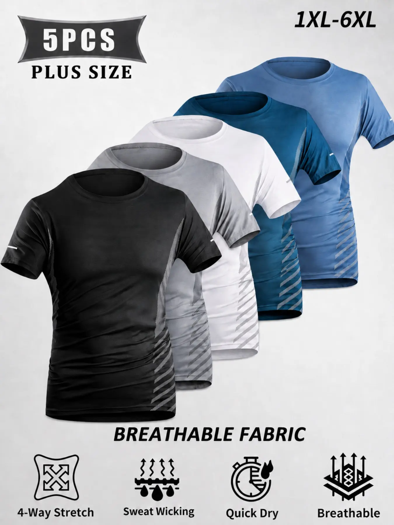 5-Pack Men's Plus Size Short Sleeve T-Shirts, Cool Ice Silk Stretch Lightweight, Loose Fit, 1xl-6xl, Ideal for Sports & Outdoor Activities, Fitness Shirts, Fitness Top, Fitness Tee, Everyday Activewear, Fitness Apparel