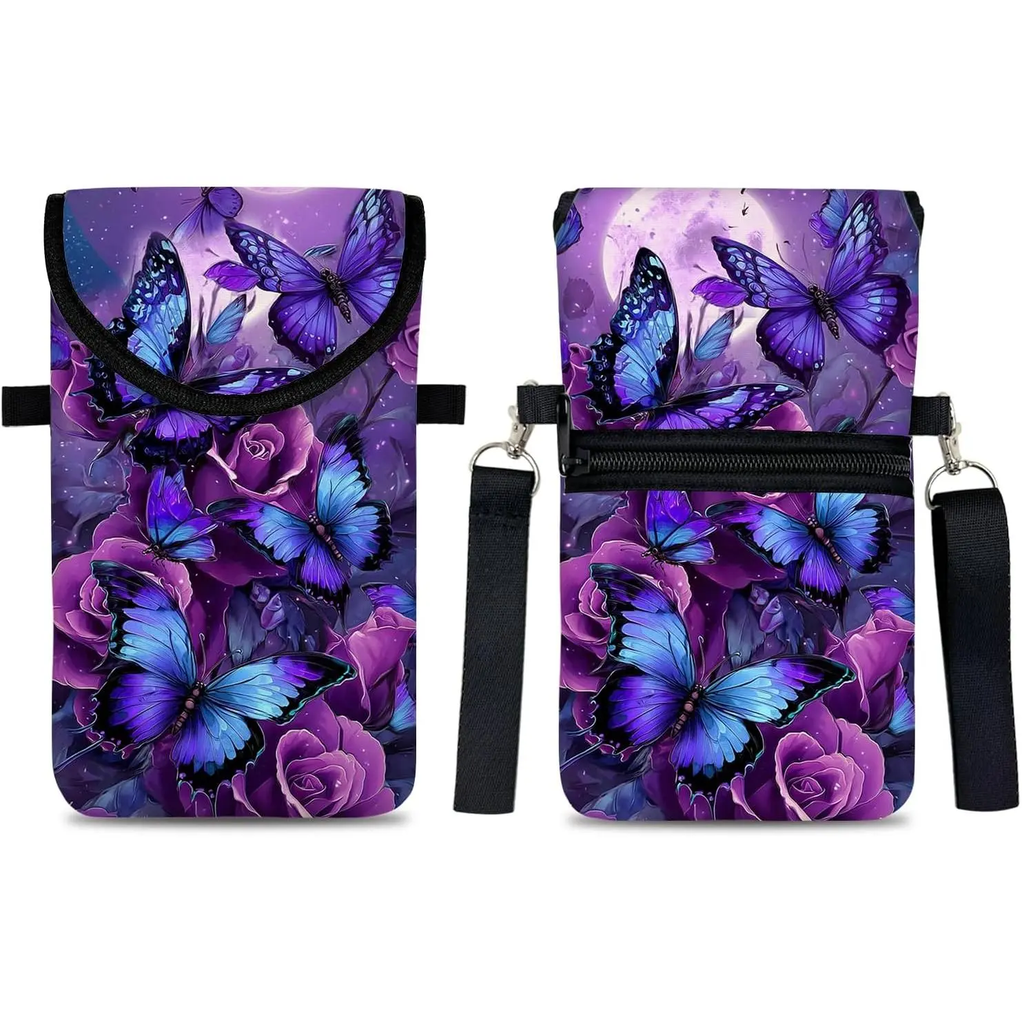 Neoprene Cell Phone Sleeve Pouch Case Bag with Crossbody Strap  Lanyard for Women 7.5 X 4.3 in  Butterfly