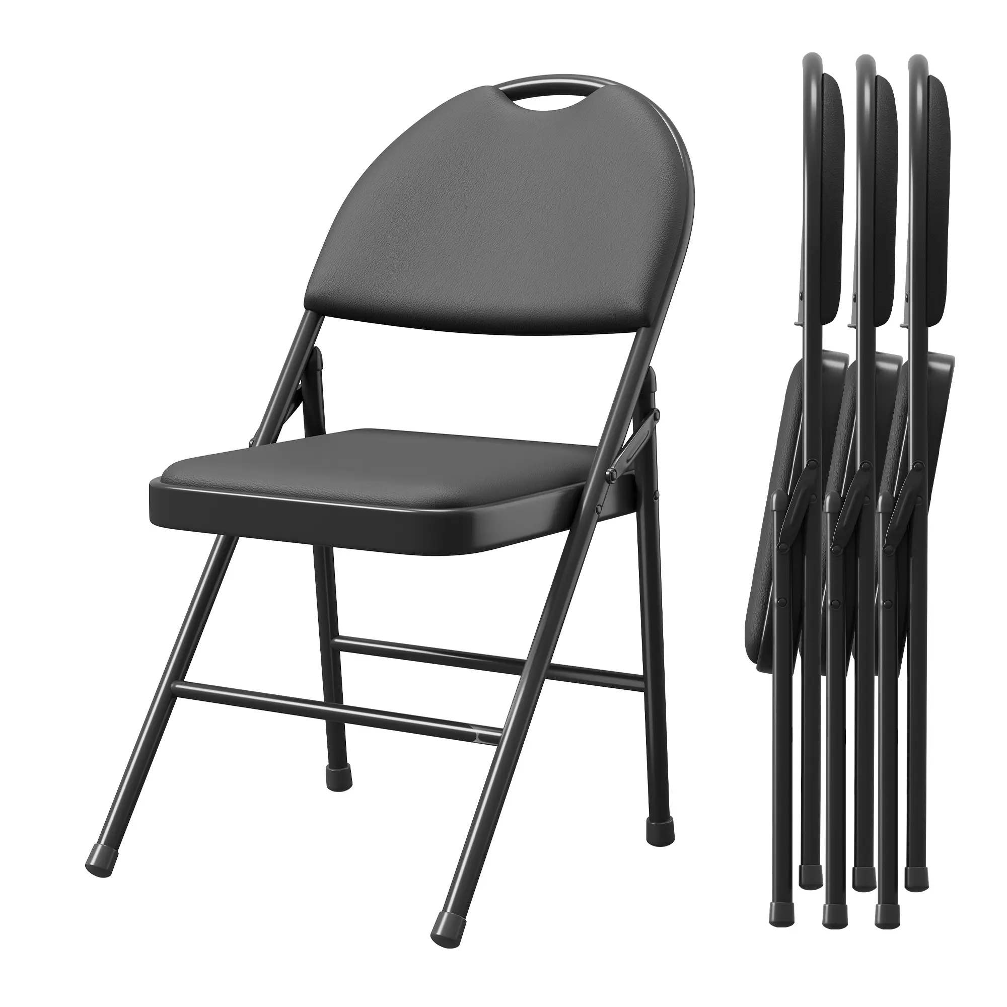 Folding Chairs, Padded Foldable Chair with PU Leather Cushion and Back, Metal Frame Indoor/Outdoor Portable Stackable Commercial Seats for Events Office Wedding Party, 4 Pack, Black