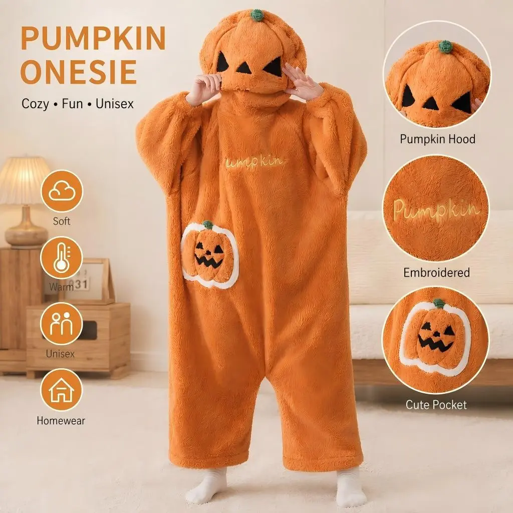 Cute Pumpkin Costume Pajamas, Soft Coral Fleece Sleepwear, Halloween Party Cosplay, Unisex Cartoon Pumpkin Home Wear
