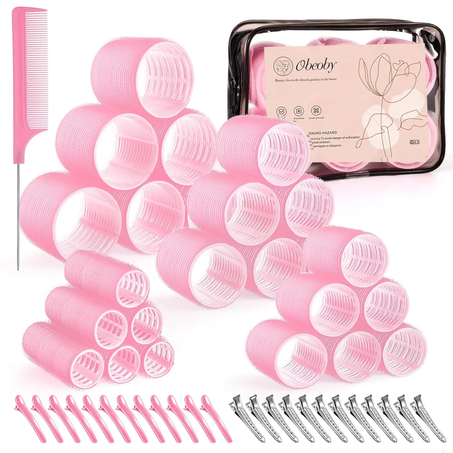 4 Sizes Self-Grip Hair Rollers Set for Long, Short Hair and Bangs - 50 Pcs with Clips (25mm, 36mm, 48mm, 60mm), Pink |   No-heat (25, 36, 48, 60mm) Jumbo Large Small Plastic for Long Short Curly Bangs Styling Accessories Home Travel Gifts