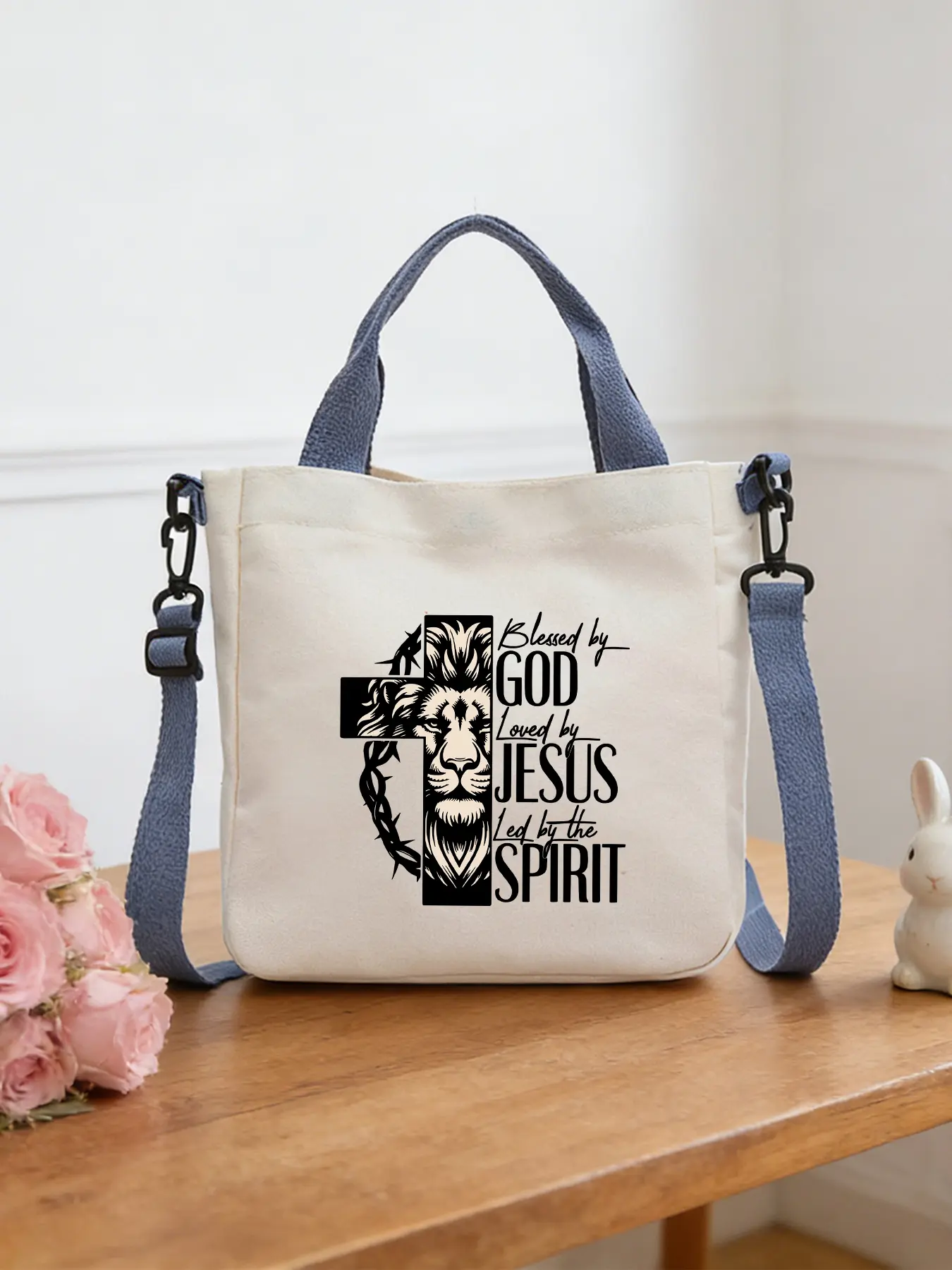 Lion "Blessed by God, Loved by Jesus, Guided by the Holy Spirit" Pattern Crossbody Bags, Shoulder Bags, Handheld Shopping Bags, Cosmetic Bags and Tote Bags, Ideal for Daily Shopping and Commuting, Trendy Fashion Items and Perfect Gifts.