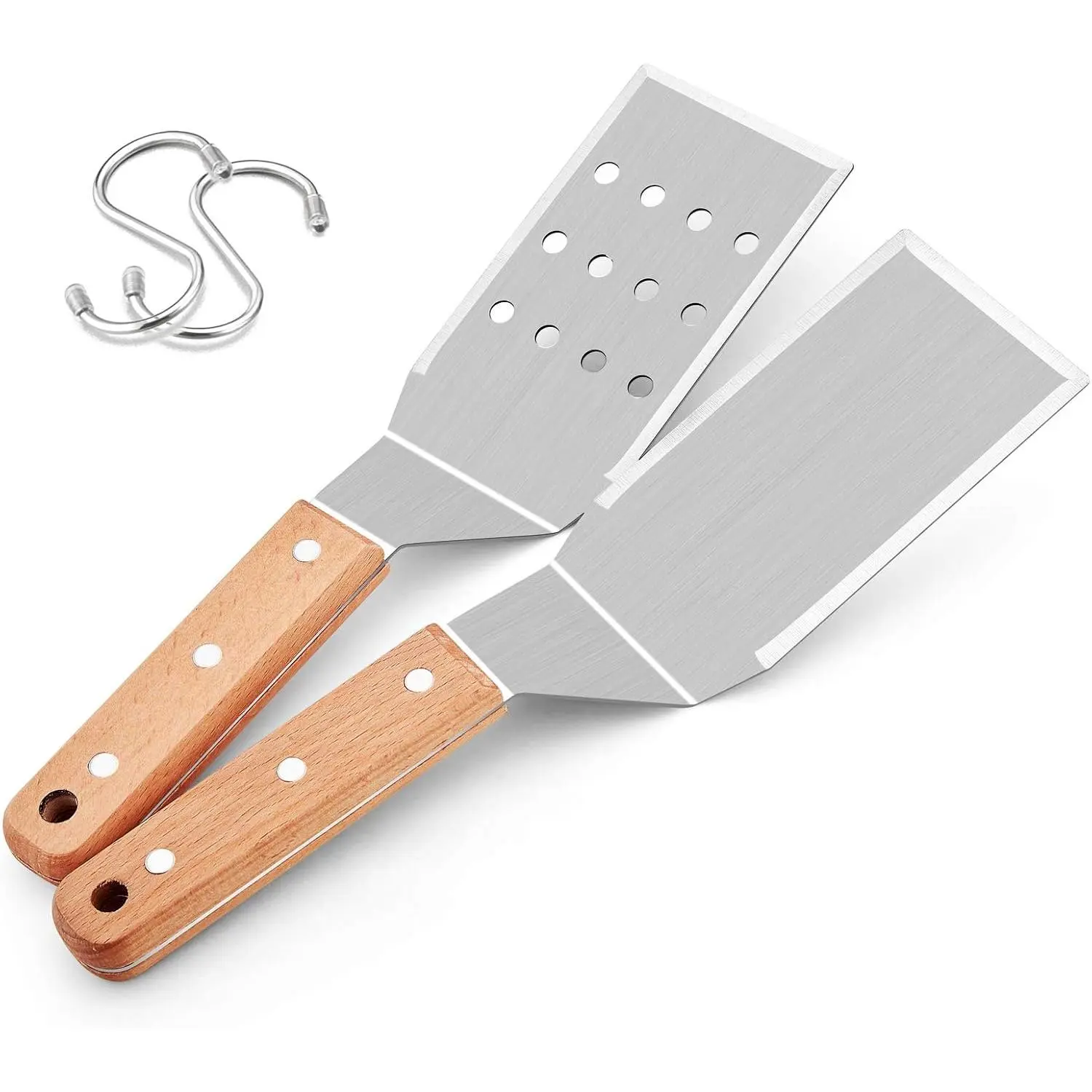Metal Spatulas, 2 count Stainless Steel Griddle Spatula Burger Turner, Heavy Duty Griddle Tools Set for Teppanyaki BBQ Flat Top Hibachi Cast Iron Grilling Cooking, Easy to Clean & 2 Hooks