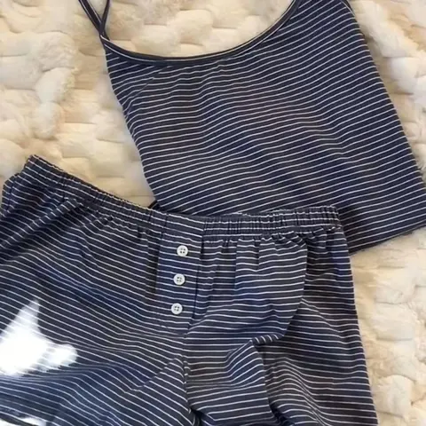 Striped Halter Shorts Set Casual French Style Home Wear, Reusable Two-Piece, Soft Cotton-Like Material, Ideal for Daily Use, Clothes