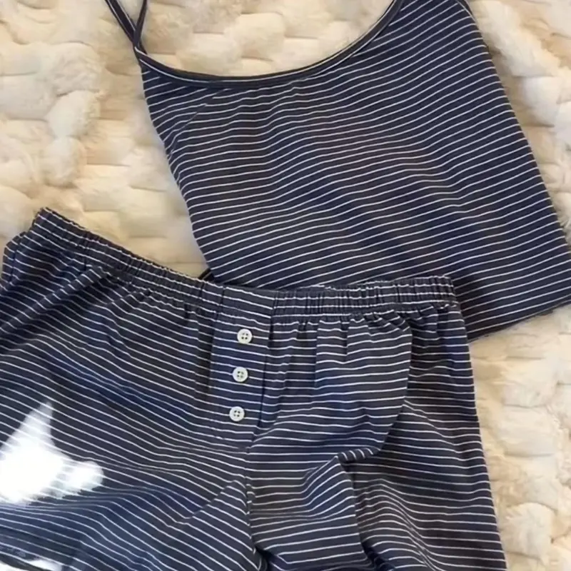 Striped Halter Shorts Set Casual French Style Home Wear, Reusable Two-Piece, Soft Cotton-Like Material, Ideal for Daily Use, Clothes