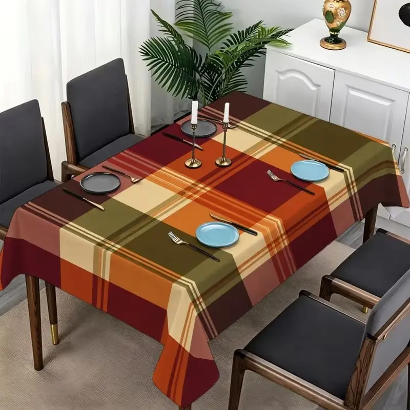 2D Flat Party Tablecloth, Autumn Plaid Design, Burgundy Olive, Durable Fabric, Kitchen Farmhouse Decor, Thanksgiving Festival
