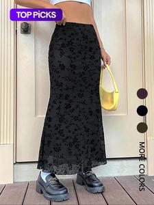 women's floral pattern zipper skirt, elegant fashion casual flower pattern long skirt for daily outdoor wear, women flared skirt design bottoms for summer, stretchy flared skirts