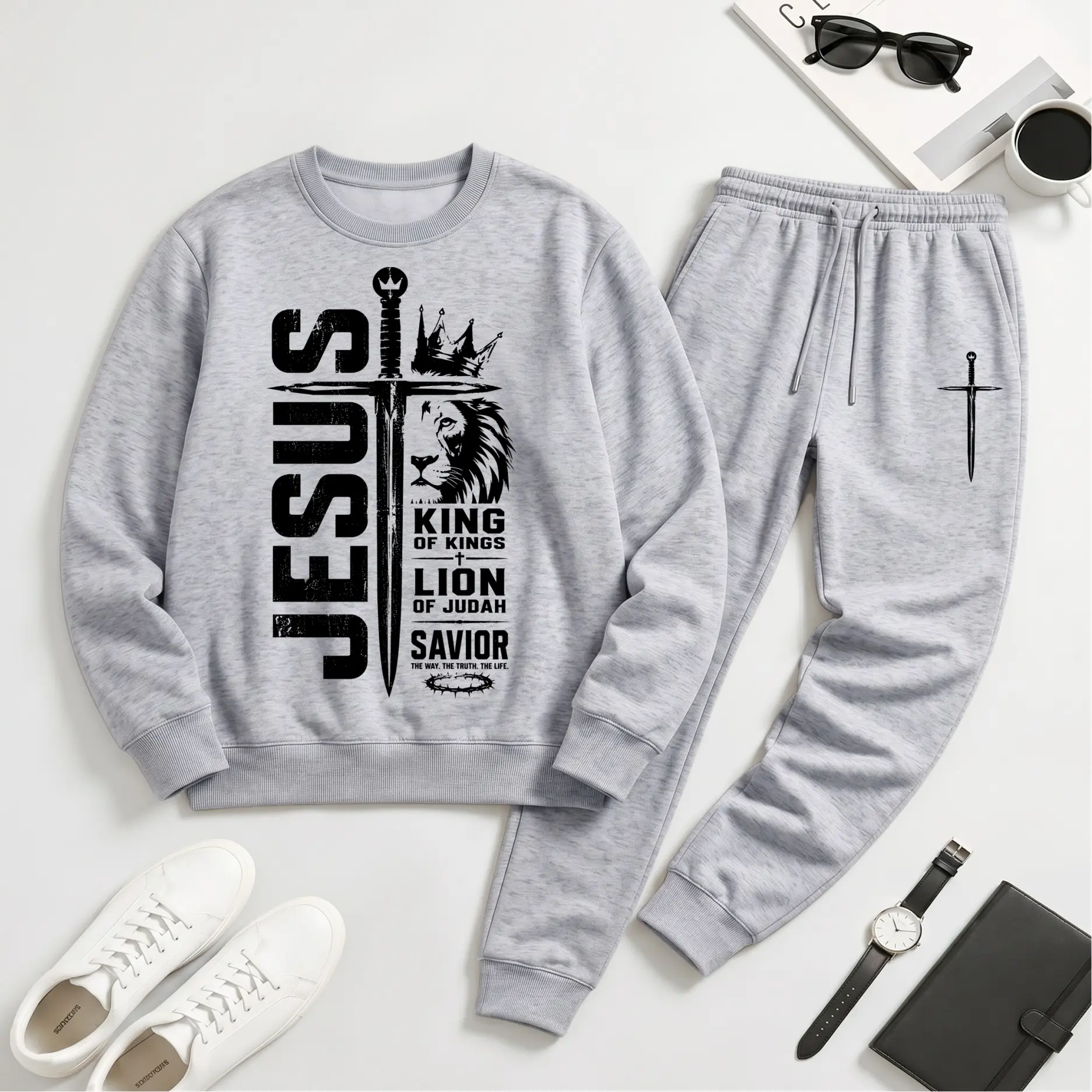 Male 2-Piece Polyester King of Kings Jesus Graphic Tracksuit Set - Lion of Judah Cross Crewneck Sweatshirt, Breathable Loose-Fit Drawstring Jogger Sweatpants for Fall Winter Casual Daily, Church Wear, Athletic, Daily Wear, Casual Wear, Machine Wash