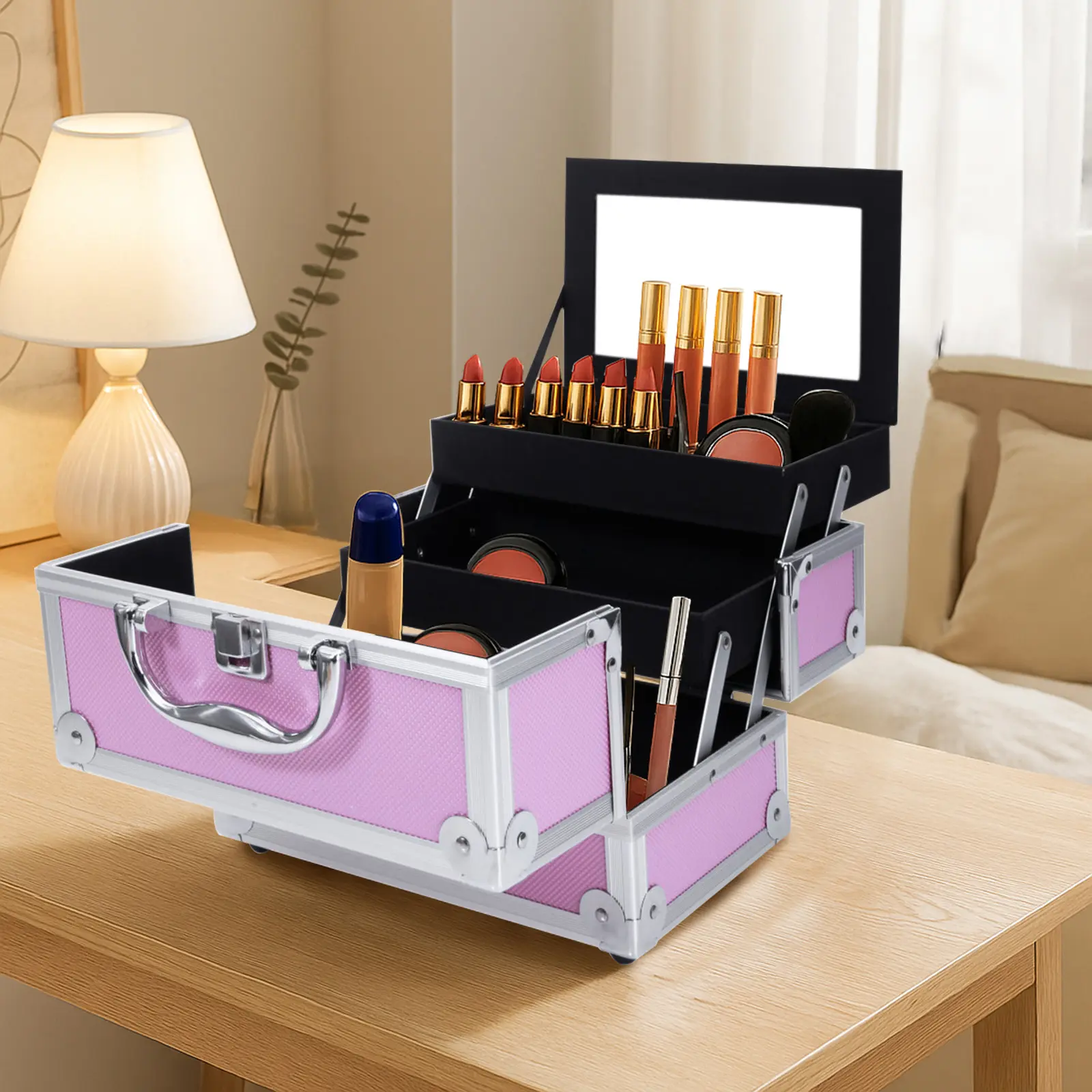 Pink Makeup Train Case with Mirror| Portable Cosmetic Organizer Jewelry Box - Accordion Style Storage 9"x6"x6"