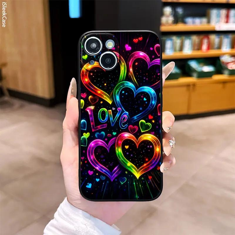 Phone Case - Rainbow Heart Neon Glow Liquid Silicone Case with Printed Design, Shock-Resistant and Anti-Scratch, Compatible with iPhone 17/16/15/14/13/12/11/X. Liquid-like texture, slim straight-edge soft case, all-around scratch protection.