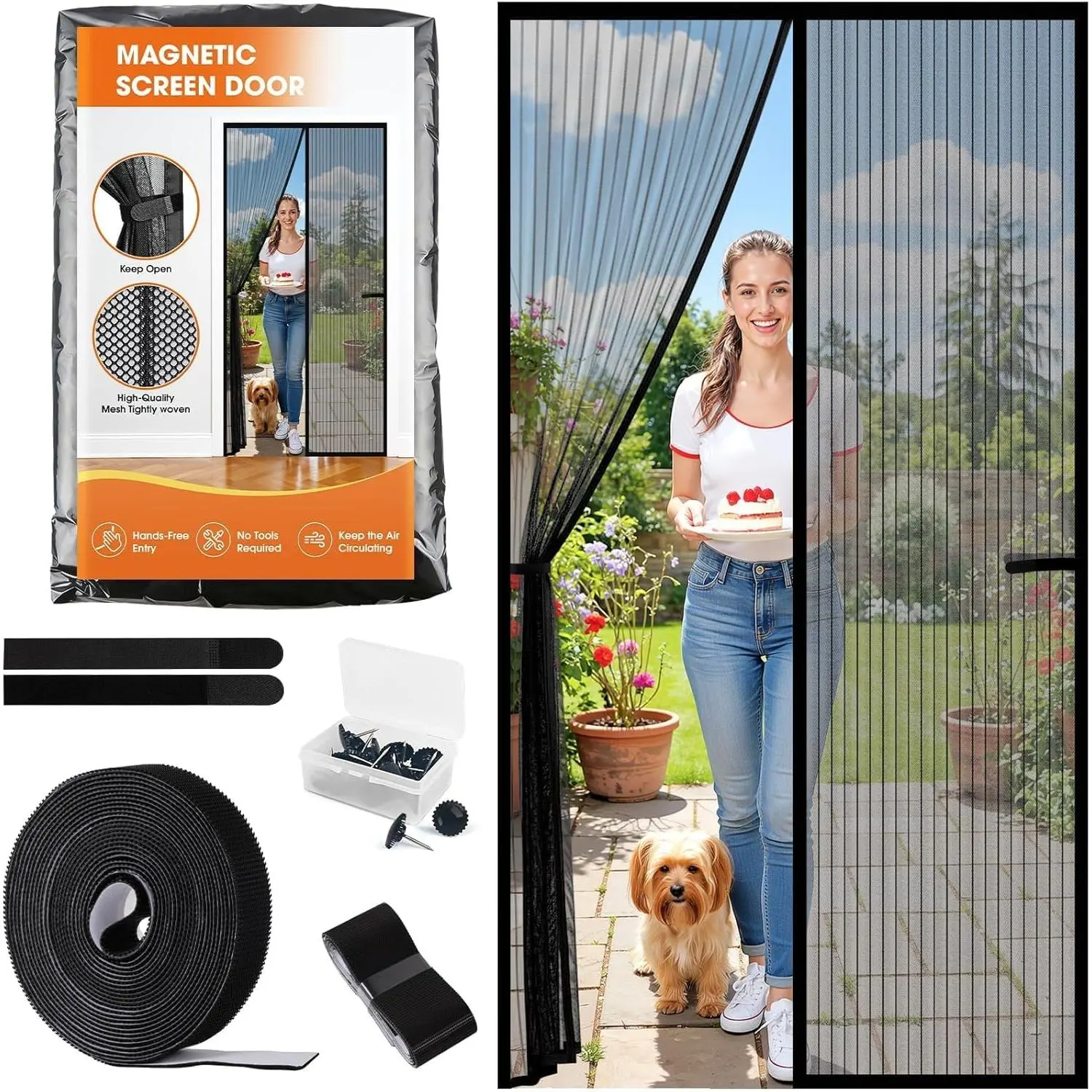 Screen Door, Screen Door Mesh, Heavy-Duty Mesh Curtain, Door Net Keep  Out, Hands Free Partition, Screen Size 38” × 83”, Fits 36” × 82” Doors,  &  Friendly, Black