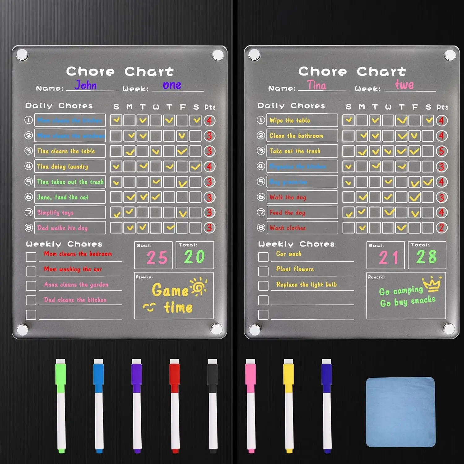 2 Pack   Chore Chart Set for Refrigerator,Erasable Chore Chart for Teens and Adults,11,8"×8.3" Frosted Weekly Dry Erase Board w/ 8 Markers & 1 Cleaning Cloth