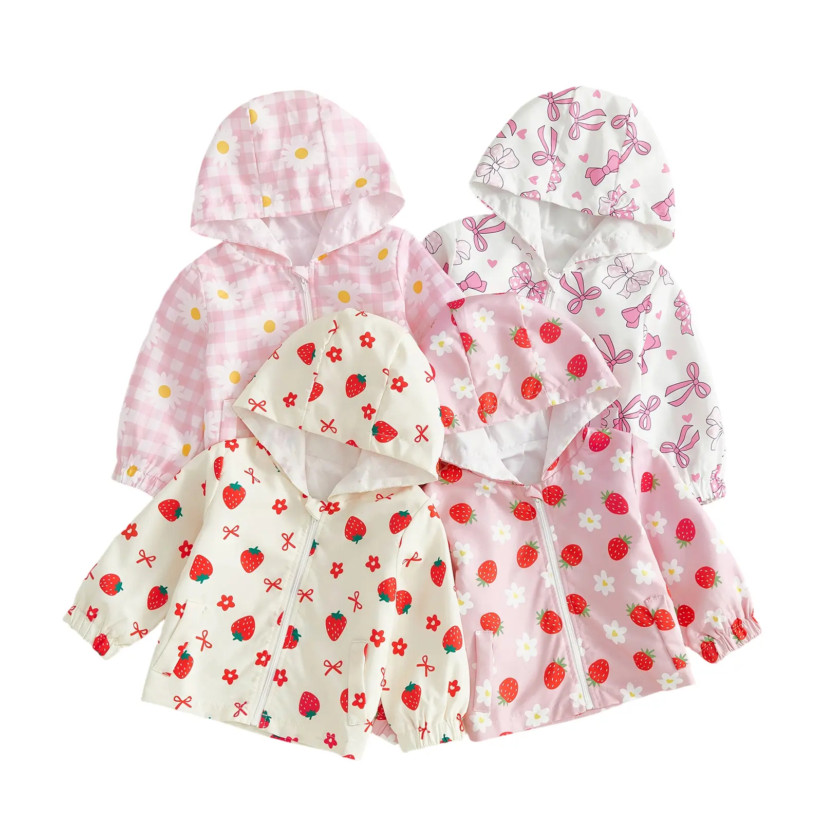 Toddler Baby Little Girl Fall Jacket with Pockets Strawberry Bow Floral Print Zip Up Hooded Long Sleeve Coat 6M-4T
