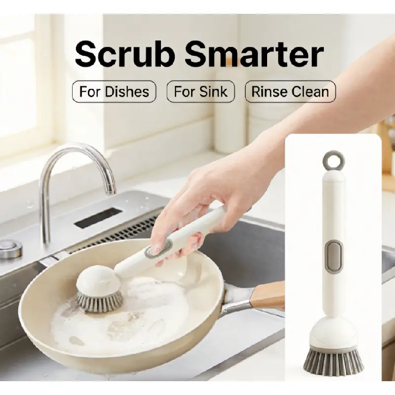 6-in-1 Kitchen Cleaning Dish Brush with Detergent Dispenser, 360° Rotatable Scrubber for Pots & Pans, Adjustable Angles, Non-Slip Ergo Handle, Durable PET Bristles, Ergonomic Design (Camping & Hiking Tent Accessory), Soap Dispense