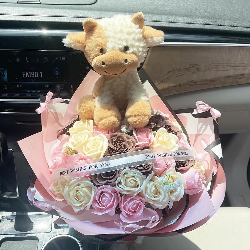 34 DIY Rose Artificial Flowers Cow Plush Doll Bouquet, Artificial Roses Bouquet, Unique Handmade Gift for Special Occasions, Beautiful Decorative Floral Arrangement