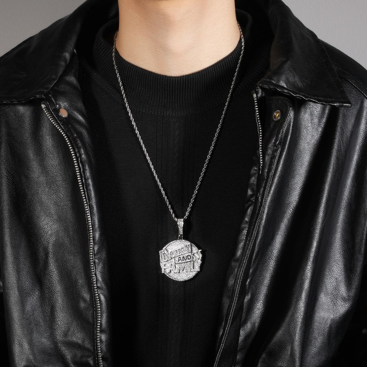 Copper Money & Family Letter Round Pendant Necklace with 5A+ Moissanite for Unisex, Miami - Inspired Luxury Daily Jewelry, Ideal Gift, Hip - Hop Style