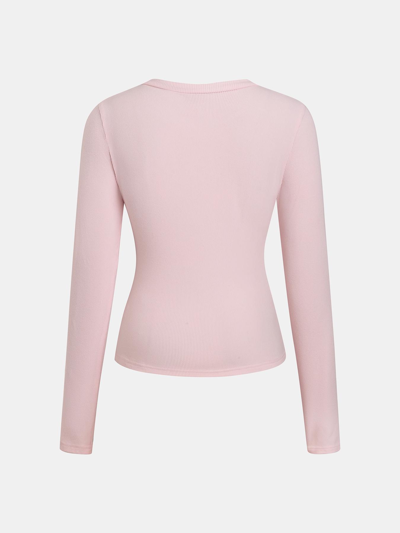 Women's Casual Round Neck Long Sleeve Button Front Top, Basic Solid Color Design, Extended Length, Perfect for Daily Wear, Womenswear