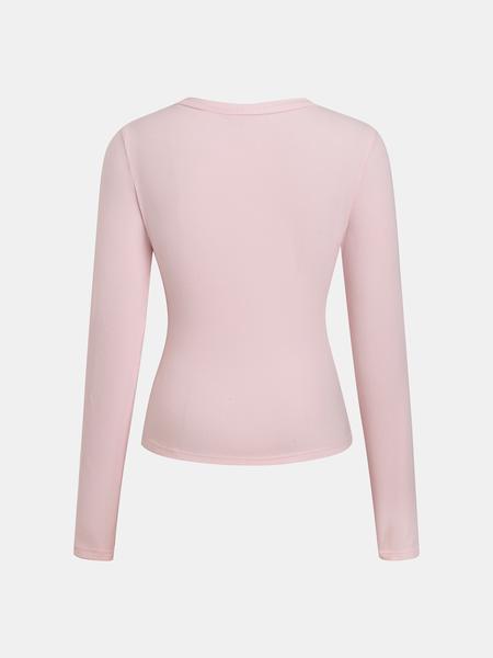 Women's Casual Round Neck Long Sleeve Button Front Top, Basic Solid Color Design, Extended Length, Perfect for Daily Wear, Womenswear