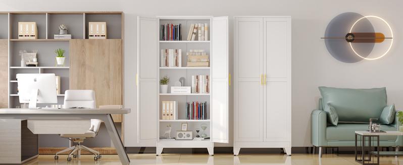 Metal Pantry Cabinet with 2 Doors and Adjustable Shelves - 71" Kitchen Storage Cabinet with Gold Handles - Versatile Storage for Kitchen, Bathroom, Dining Room, Utility Room - White