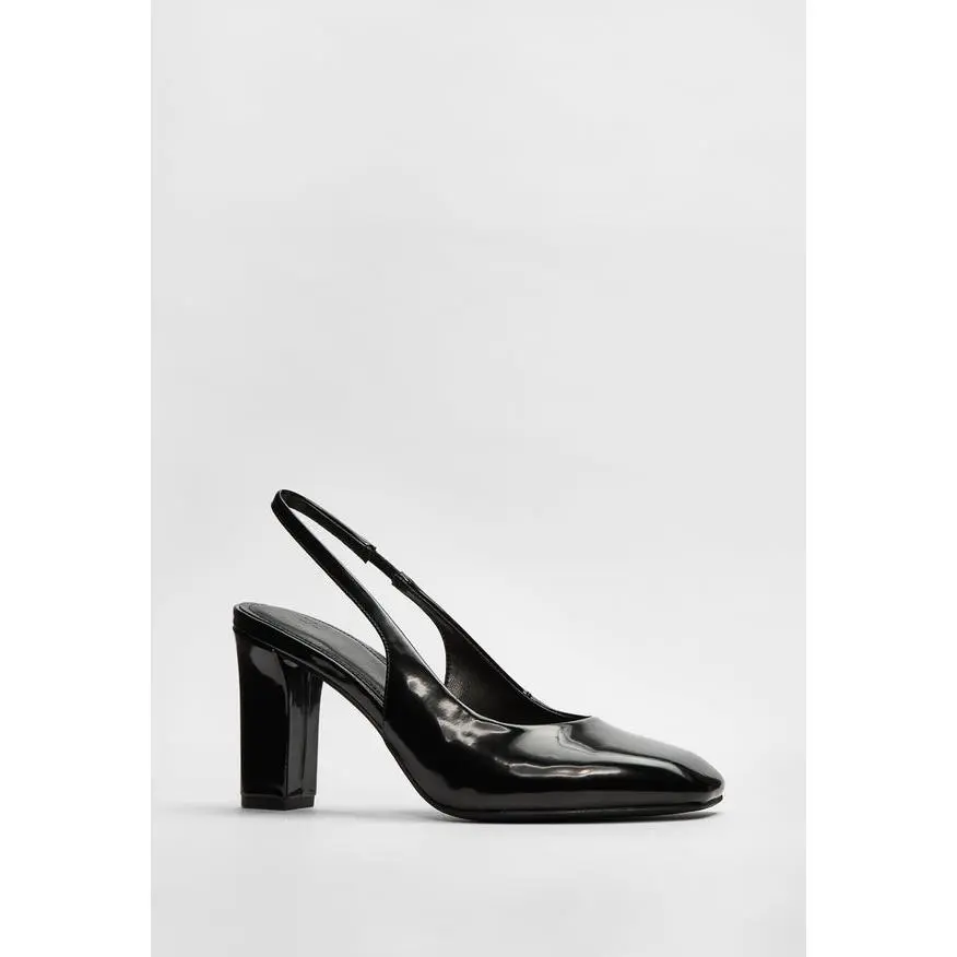 JUST FAB Women's Square Toe Slingback Pumps Patent Eco Leather Block Heel Dress Shoes for Office, Wedding & Party Office Heels