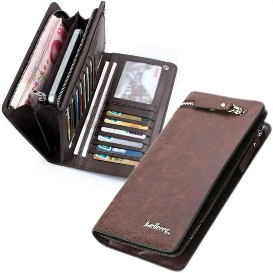 Men Long Handheld Wallet Faux Leather Multi Card Slots Clear ID Window Large Cash Compartment Outer Zipper Coin Pocket Phone Clutch Business Travel Purse for Male