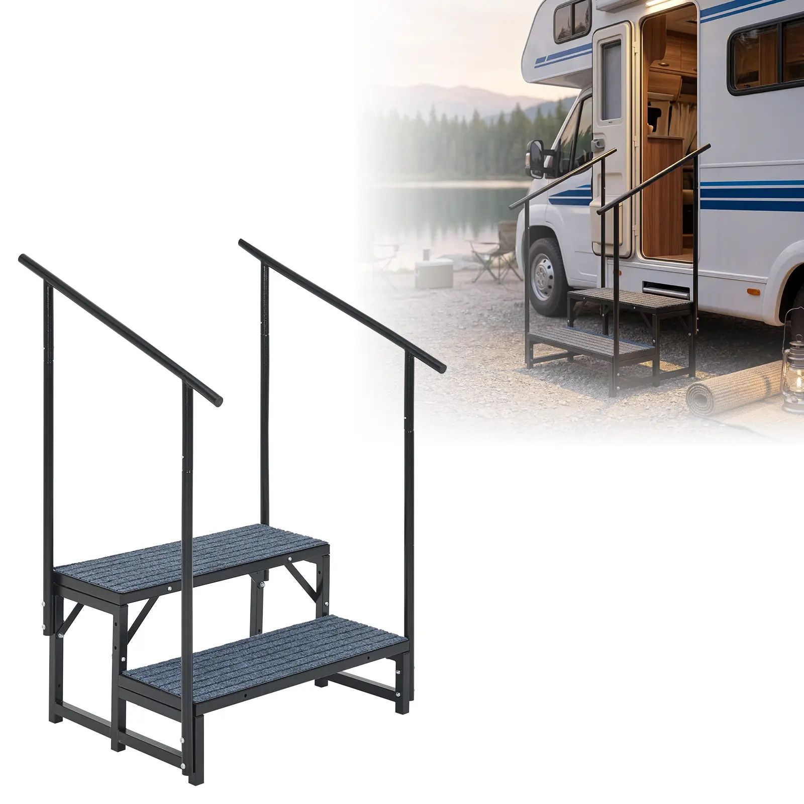2/3/4-Step RV Steps with Handrails – Heavy Duty Steel Non-Slip Ladder Stairs for RV, Camper, Trailer, Hot Tub, Pool, Porch & Mobile Home | Foldable & Portable with Dual Safety Rails