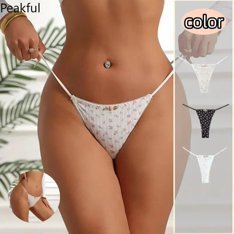 Cute Bow Floral Print Thong for Women, Ultra Thin Low Rise G-String with Breathable Cotton, Sexy Stretchy String Underwear, Perfect for Daily, Yoga & Summer Outfits