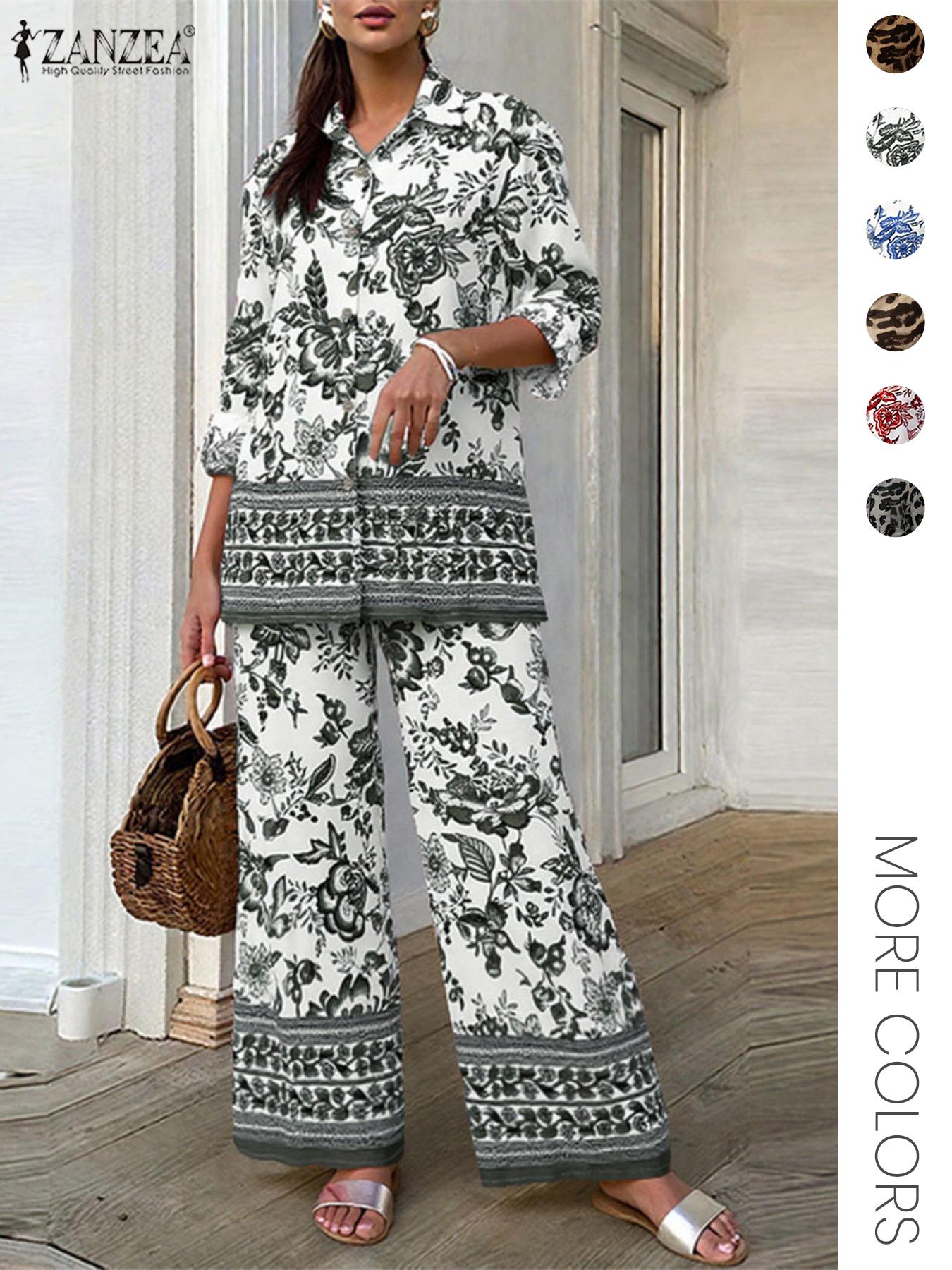 Two-piece Set Women's Leopard Print Button Front Shirt & Elastic Waist Wide Leg Pants, Casual Long Sleeve Pocket Collared Top & Tie Front Trousers for Daily Wear, Ladies Fall & Winter Clothes, Flared Pants Set