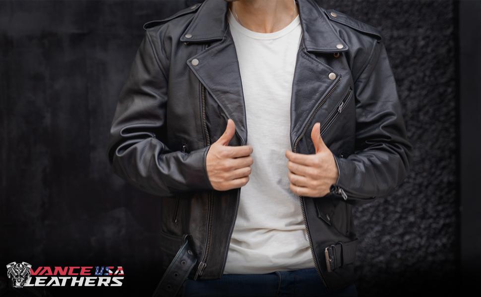 Mens Premium Cowhide Conceal Carry Insulated Liner Side Laces Classic MC Motorcycle Biker Black Leather Jacket