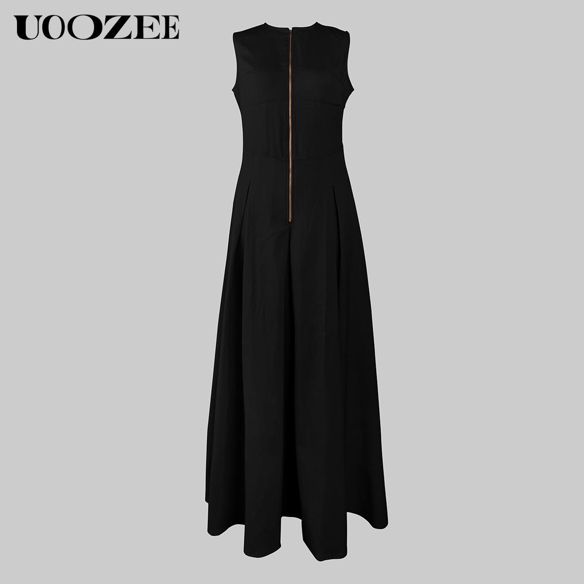 UOOZEE Women's Summer Casual Elegant A-line Loose Pleated Pockets Zipper Round Neck Long Minimalist Dress. Smaller Bust Fit One Size Up Recommended for C - Cup Above & smaller bust can order a normal size. Multiple colors, Sleeveless Womenswear Check