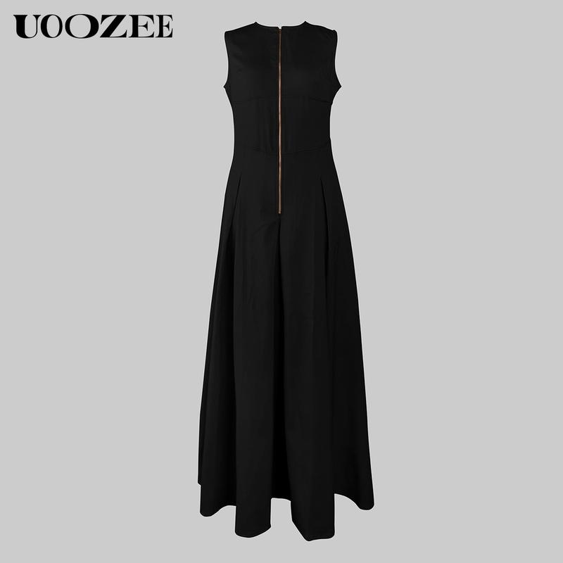 UOOZEE Women's Summer Casual Elegant A-line Loose Pleated Pockets Zipper Round Neck Long Minimalist Dress. Smaller Bust Fit One Size Up Recommended for C - Cup Above & smaller bust can order a normal size. Multiple colors, Sleeveless Womenswear Check
