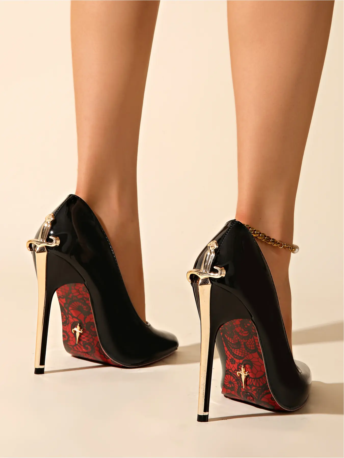 Vintage Luxury Tone Patent Leather Heels Sword Metal Decor Red Lining Formal Stiletto Pumps, Elegant Party Shoes