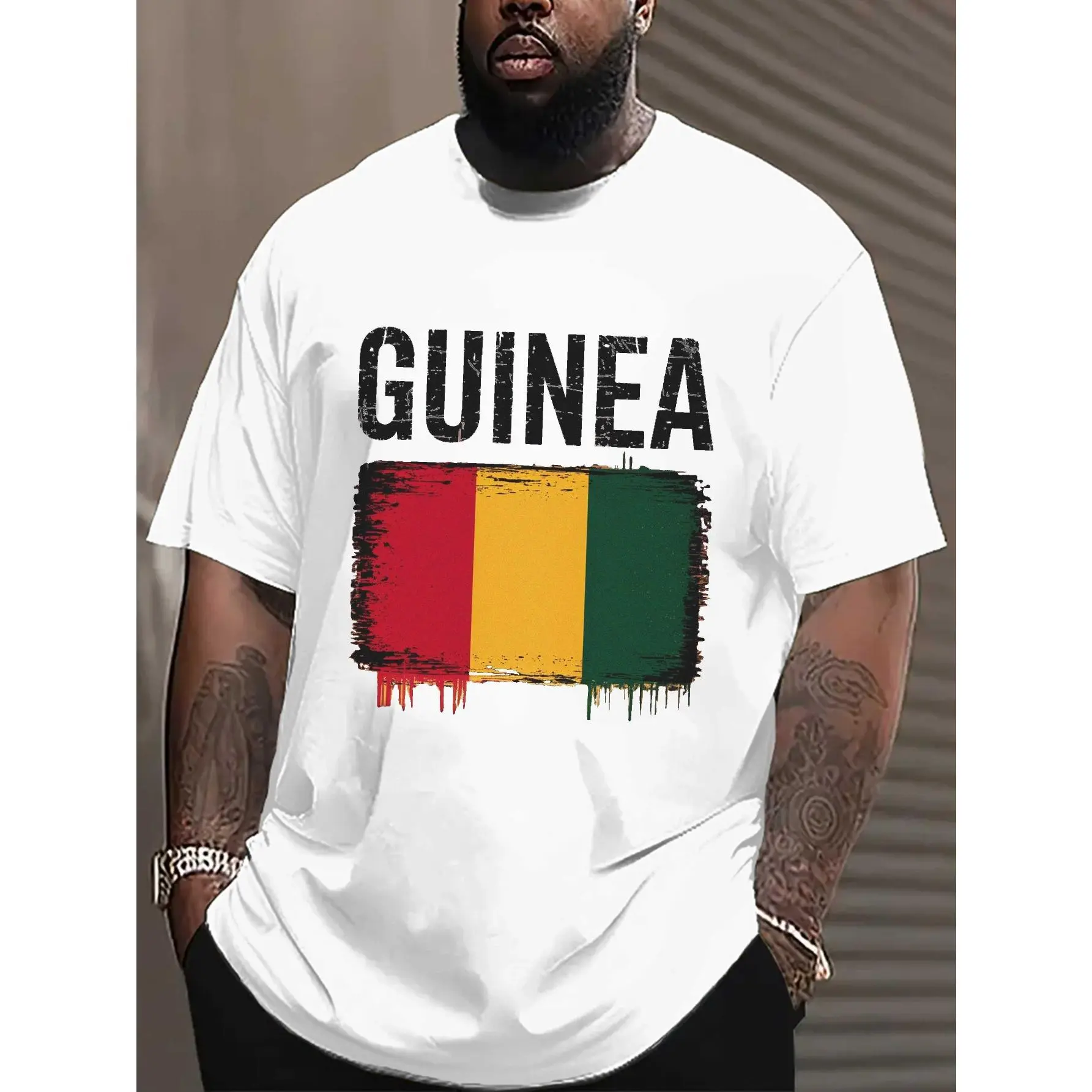 Men's Guinea Flag T-Shirt - Oversized Fit White with National Colors & GUINEA Print - Breathable Moisture-Wicking Casual Summer Tee for Ghana/Liberia/Guinea Pride - African Heritage Apparel, PLUS SIZE